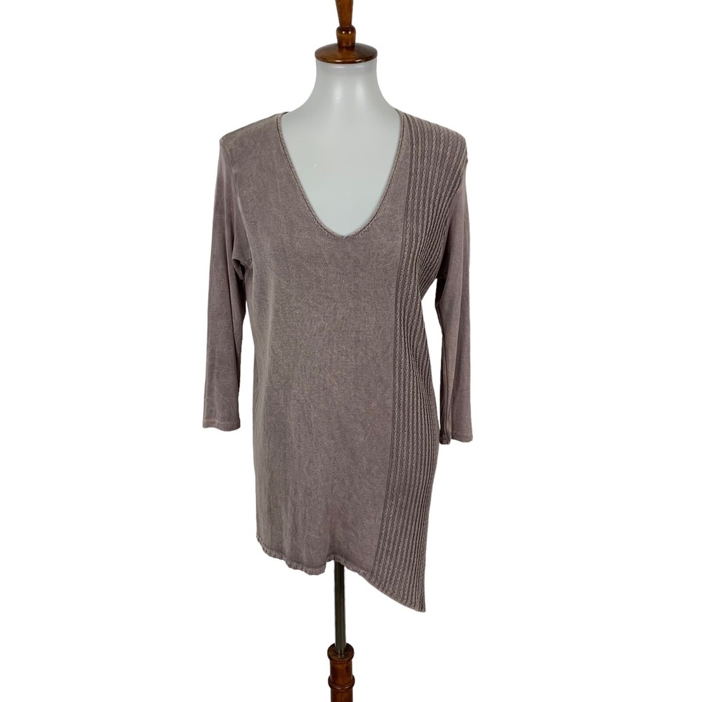 M Rena Taupe Asymmetrical Hem Textured Knit Tunic Top Small